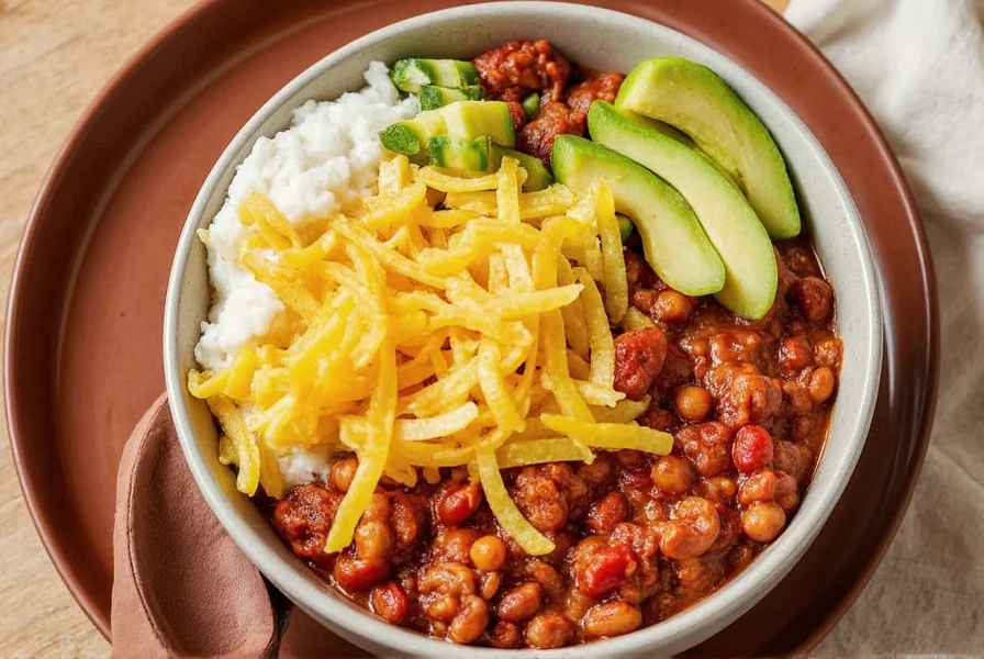 Chili bowl served in a white ceramic bowl with toppings