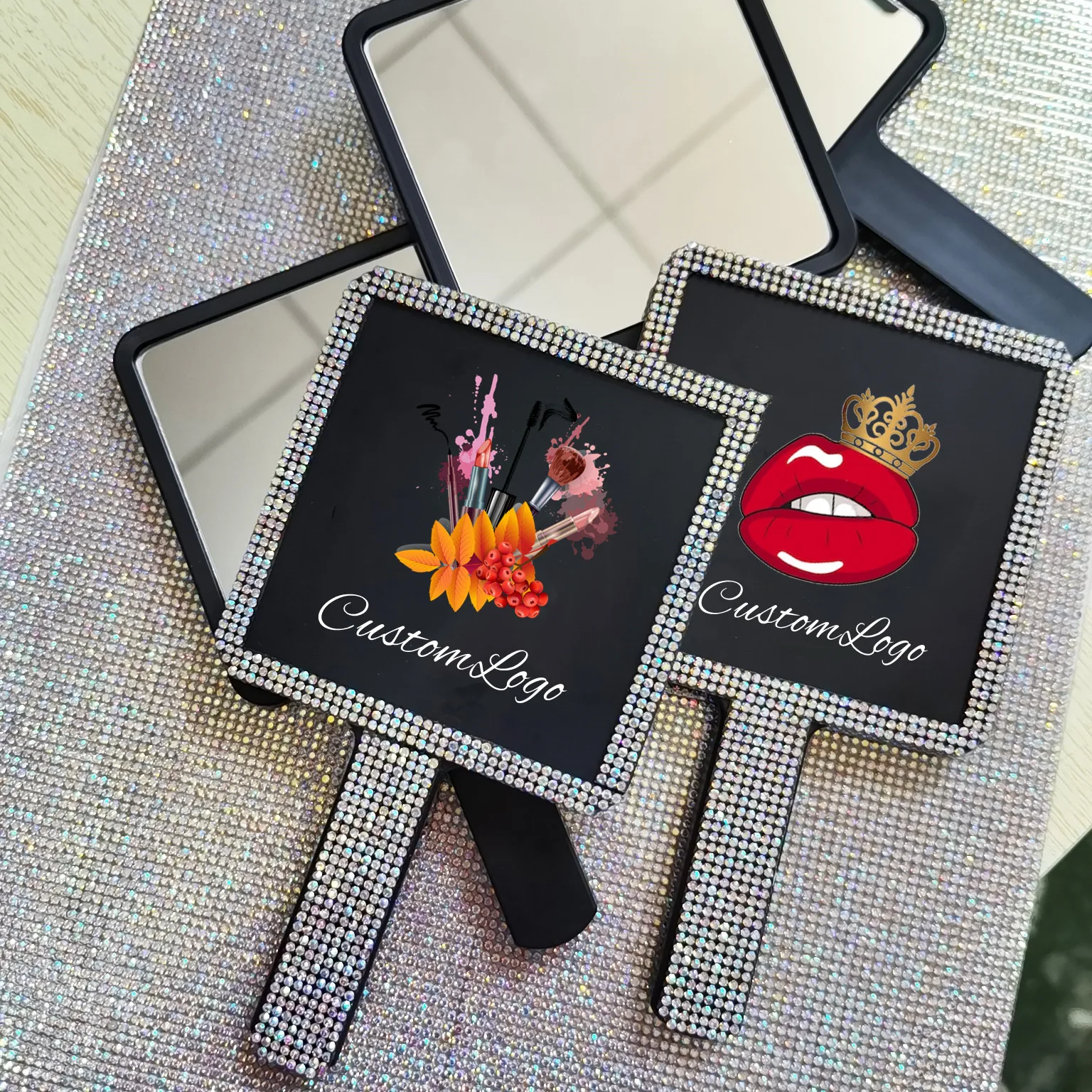 

Handheld mirror custom logo wholesale plastic single makeup mirror glitter diamond rhinestone mirrors