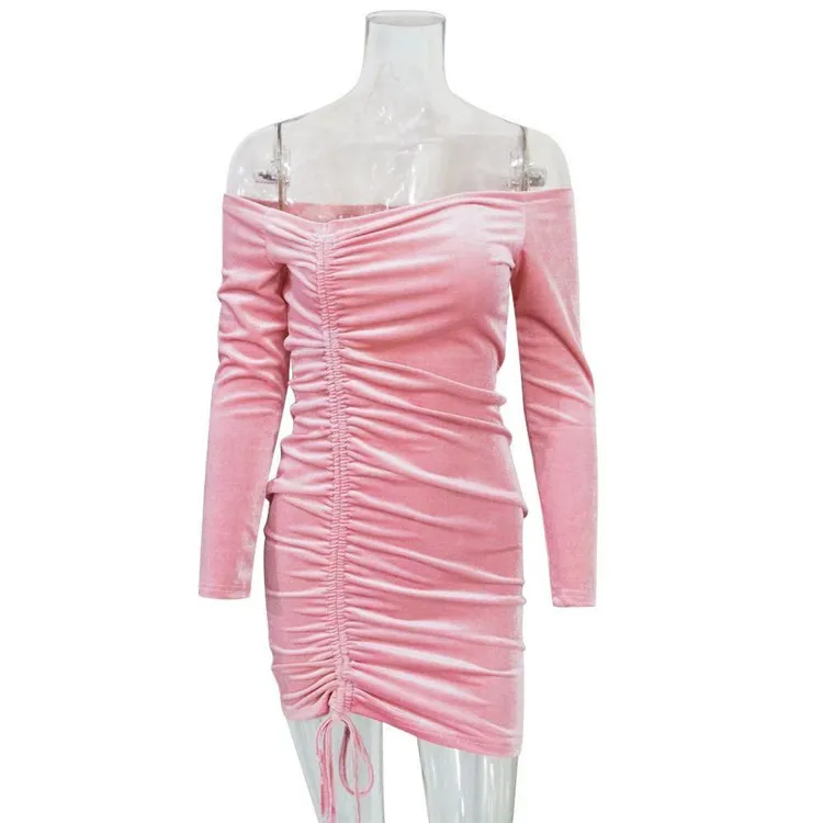 

Women autumn custom color drawstring velvet off shoulder velvet bodycon dress long sleeve mini dress for club, Customized color