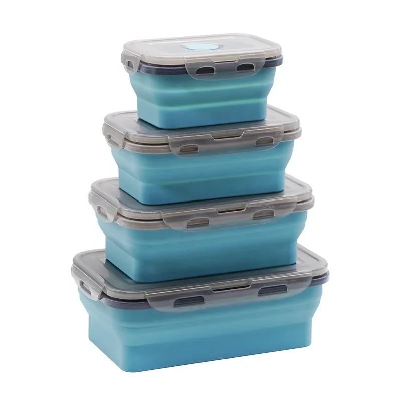 

Hot Selling 400ml 600ml 800ml 1200ml Collapsible Microwave Silicone Lunch Boxes Food Storage Container, Blue