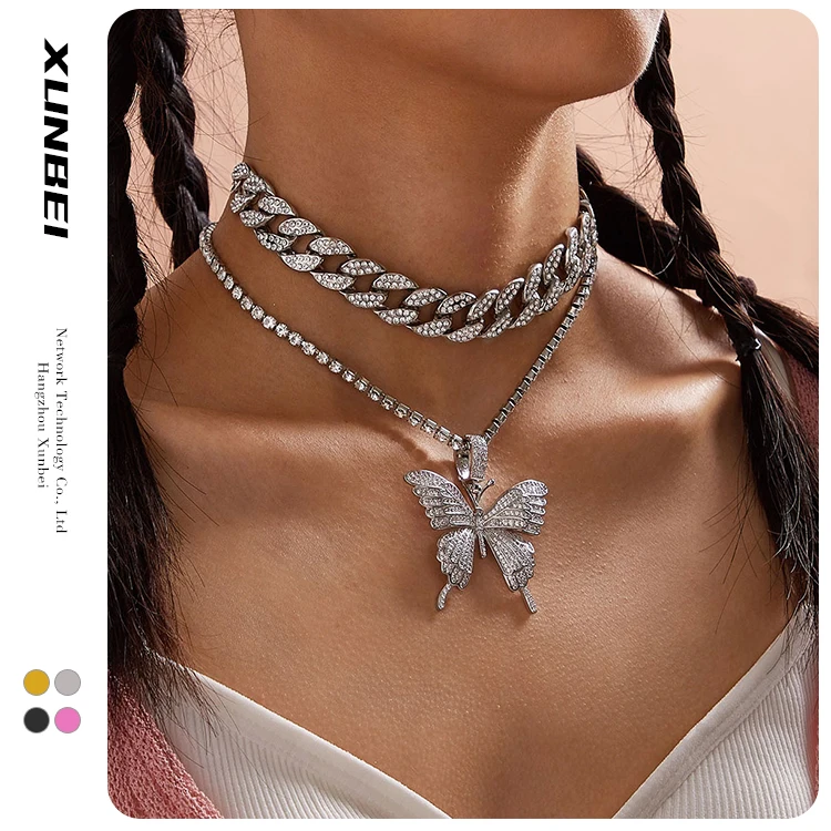 

2021 women's fashion trendy Bling Hip Hop Choker Women Girls Iced Out Cuban Jewelry Butterfly charm tennis Necklace, Could be customized