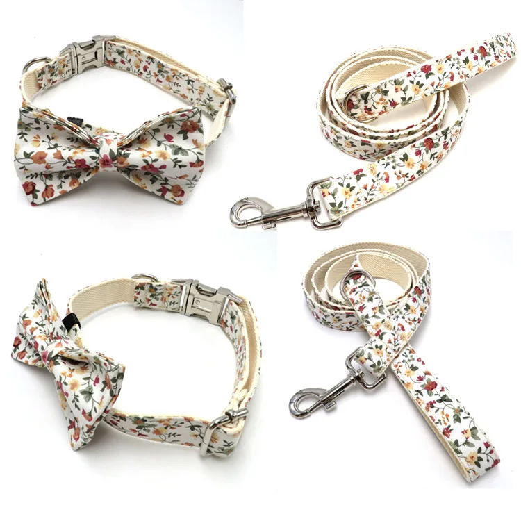 

Factory Wholesale Pet Accessories Print logo Dog Accessories Colorful Design Nylon Dog Collar and Leash with Bowtie, White