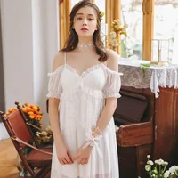 

White Lace Women Night Dress For Sleep Pajamas Princess Style Off Shoulder Ladies Nighty Nightwear