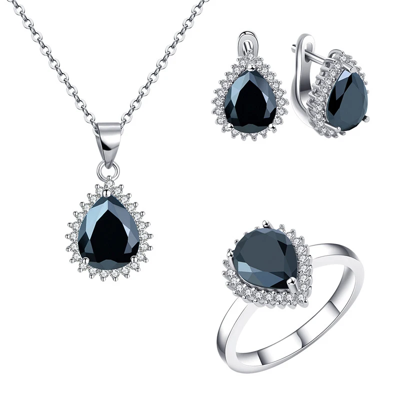 
925 sterling silver high-grade sapphire water droplets shine zircon Royal Princess Jewelry Set 