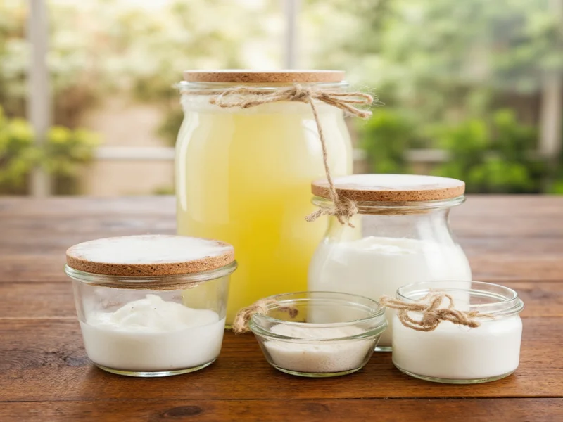 Homemade lotion ingredients in glass jars on wooden table
