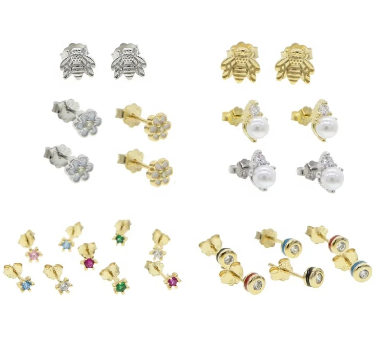 

New styles Small real 925 Sterling Silver Hanging Stud Earrings For Women flower bee dot colorful cz Charm pearl Studs Earring