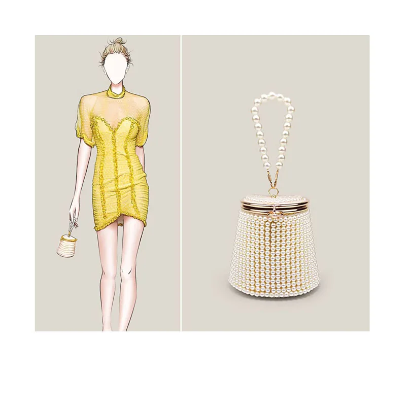 

French stylish evening wedding handbag french bucket bag high end pearls beaded handle bucket handbag