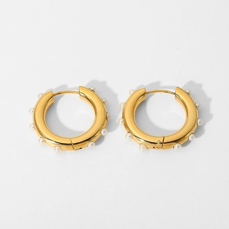 

Statement Mini Pearl Earrings Stainless Steel Jewelry 18K Gold Hoop Circle Huggie Earrings For Women Girls