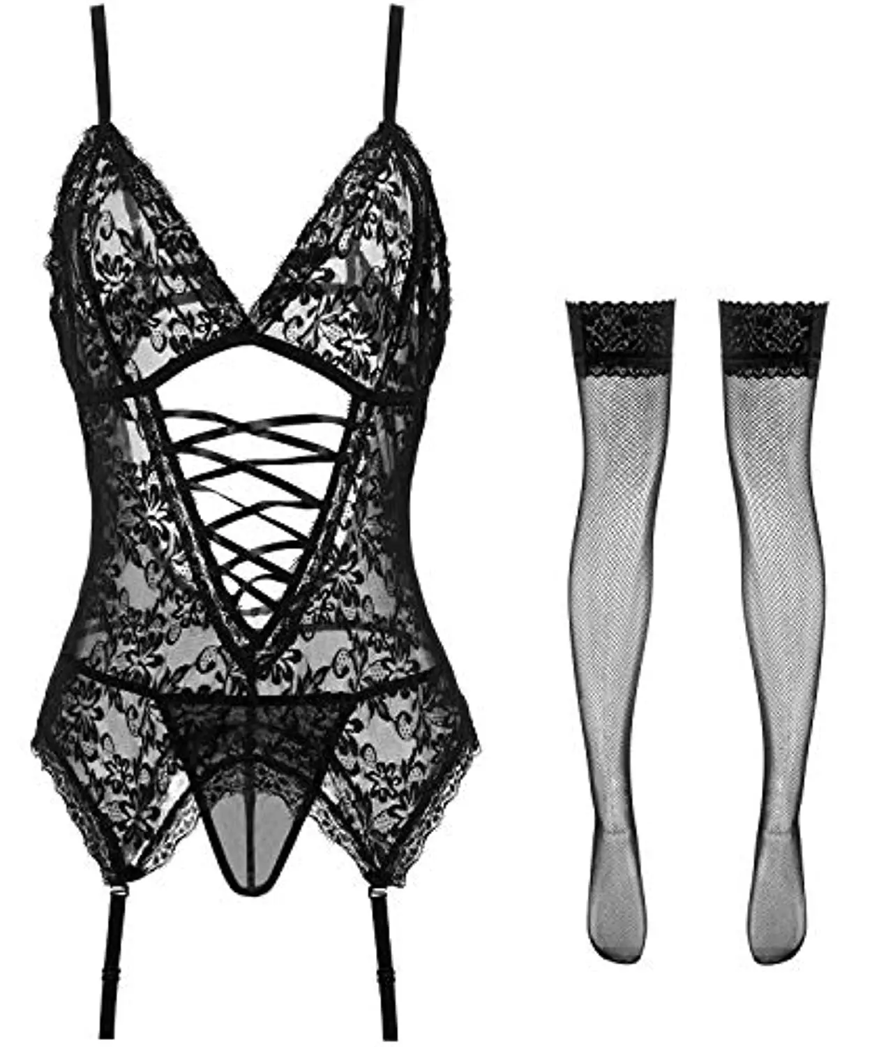 

Womens Lingerie Stretchy Lace Teddy Plus Size Bodysuit Chemise Nightwear with Stockings sexy erotic lingerie