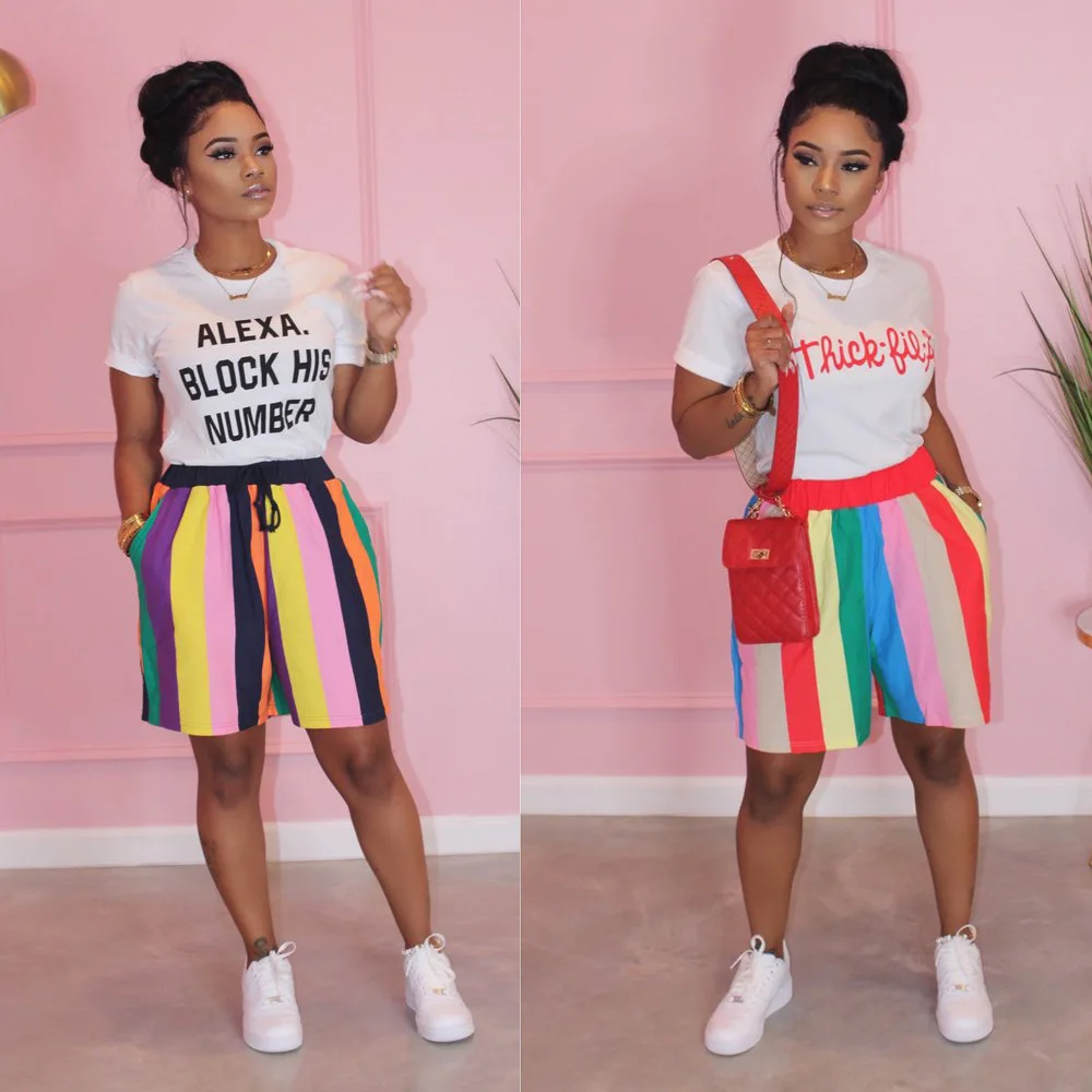 

2020 Summer Fashion Style Printed Letter With rainbow Shorts Women street wear Beach Clothes Wholesale 2piece Sets, Letter two piece sets