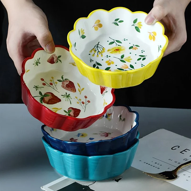 

Wavy petal edged ceramic single fruit salad dessert household glazed color soup bowl rice bowl cutlery, Blue,green,red