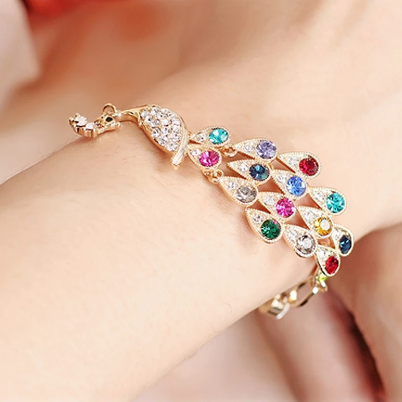 

Fashion 18K Gold Plated Colorful Rhinestone Peacock Bracelet Multicolor Austrian Crystal Bangle Bracelet for Women Charm Jewelry
