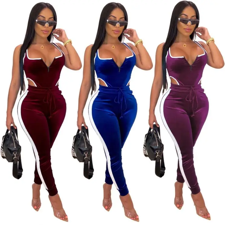 9S02866 high quality fall fashion Gold velvet woman sleeveless bodycon ladies two piece set clothing