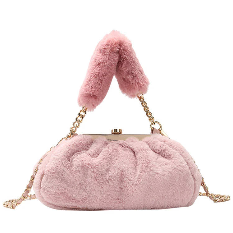 

Design New Style Ladies Stylish Fluffy Furry Fur Clutch Hand Bag Chain Messenger Bags 2021 Designer Crossbody Women Handbag