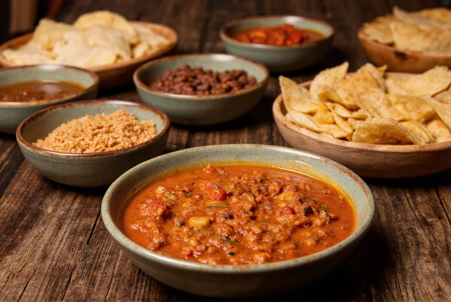 Traditional Mexican meal featuring chili colorado served with rice, beans, and warm tortillas on a rustic wooden table