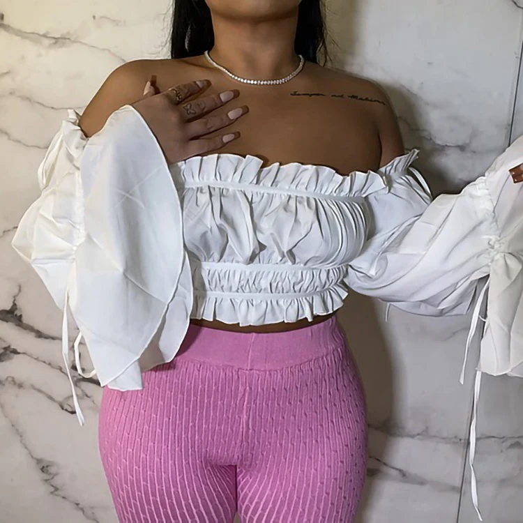 

Solid Flare Sleeve Off Shoulder Crop Blouse Women Stringy Selvedge Cropped Off Shoulder Blouse, As picture