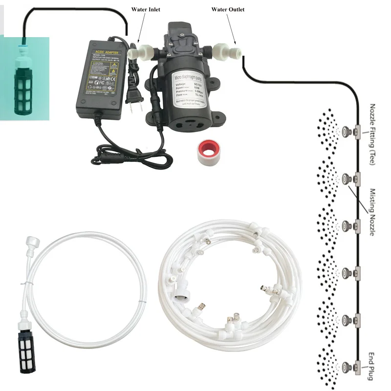 

Mist Cooling System 6M -18M 12V Diaphragm Pump Sprayer Watering Kits Slip Lock 6mm Fog Nozzles White Gardening Spray