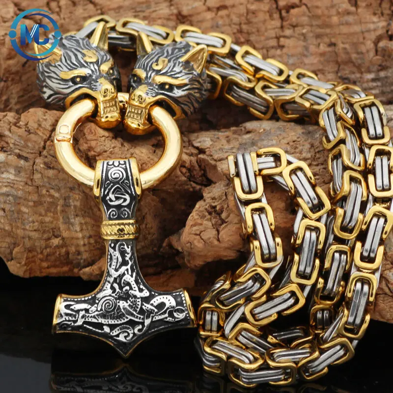 

New Retro Wolf Head Necklace Two-tone Necklace Domineering Men's Stainless Steel Necklace, Colors