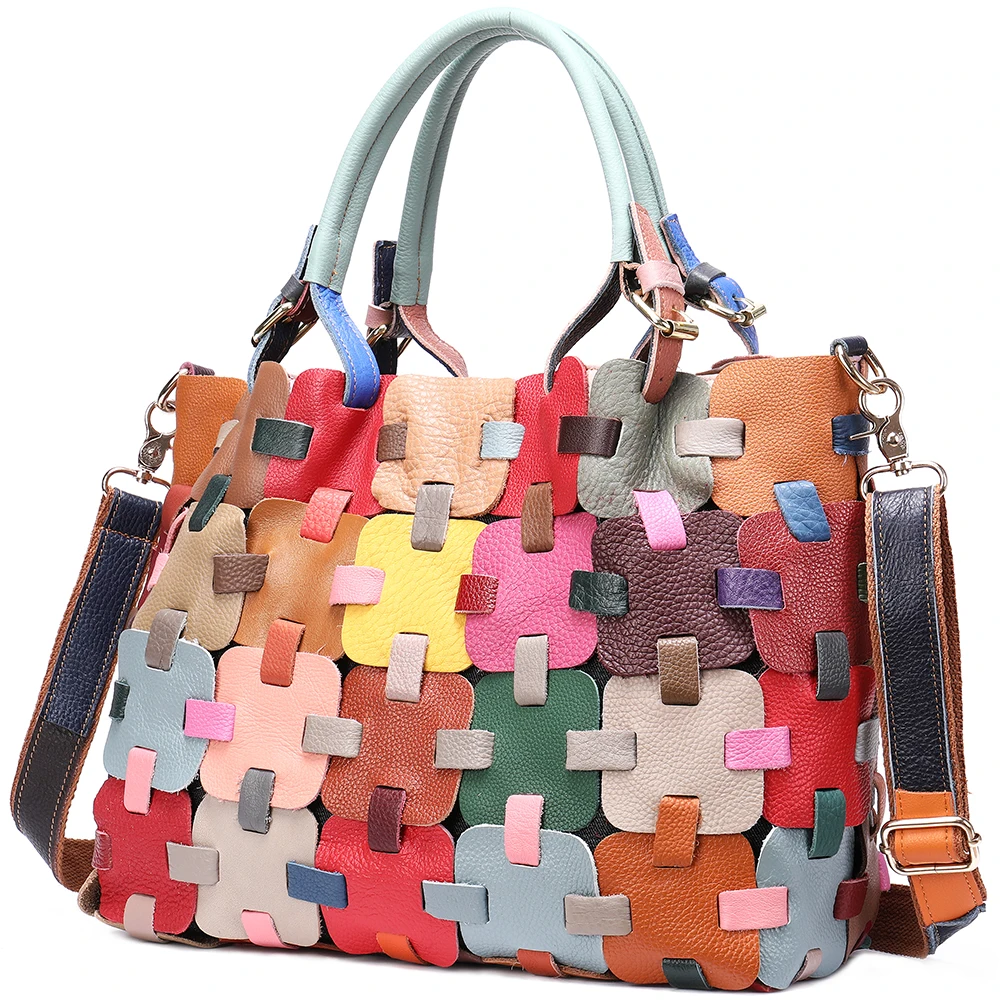 

WESTAL W-848 women's real cowhide leather handbags woven patchwork crossbody shoulder bags women ladies handbag tote bag