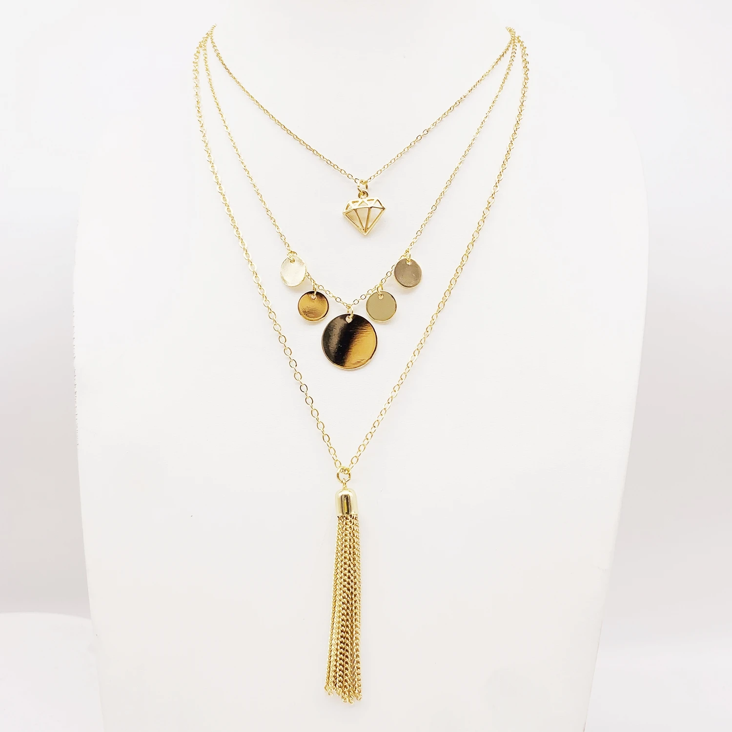 

2020 Hot Sale Triple Layered All Metal Chain Disk Pendant Long Tassel Necklace For Women And Girls, Gold