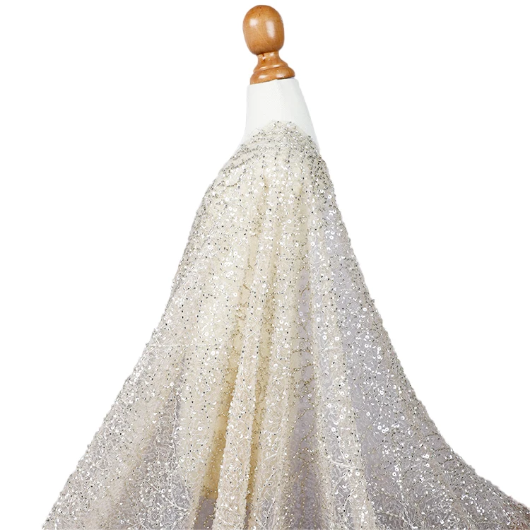 

MX667 New arrival luxury silver white bridal heavy beaded embroidery lace fabric for wedding dress