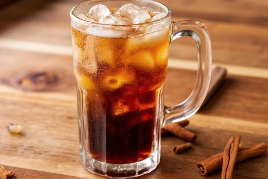 Close-up of homemade coke cinnamon soda in a glass with cinnamon sticks and citrus garnish
