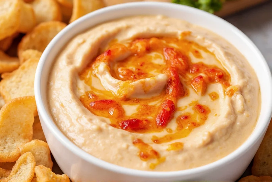 Close-up of creamy pepper jam dip in white ceramic bowl with visible pepper pieces and swirls of red jam