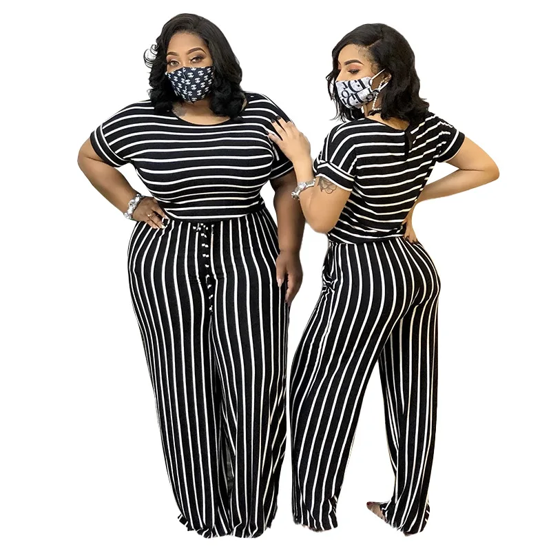 

Striped Printed Knitted Stretch Plus Size Women's Wide Leg Jumpsuit New Fashion Loose Fashion Lace-Up Nightclub Clothing, Picture