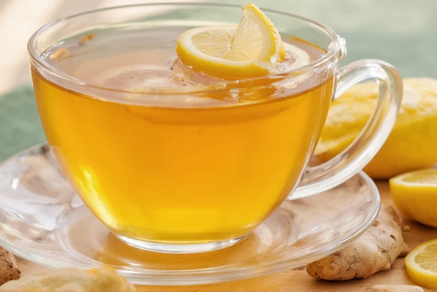 Cup of golden ginger tea with fresh ginger slices and lemon