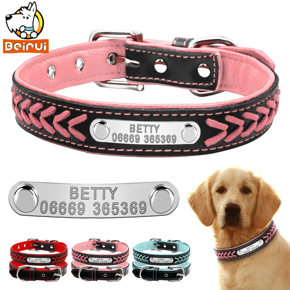 

Customized Dog Collars Adjustable Padded Leather Personalized Pet Name ID Collar Free Engraving For Small Medium Large Dogs Cats