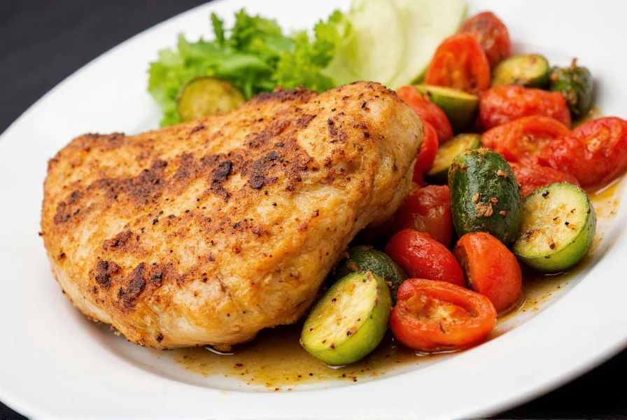 Golden brown lemon pepper chicken served with roasted vegetables on white plate, professional food styling