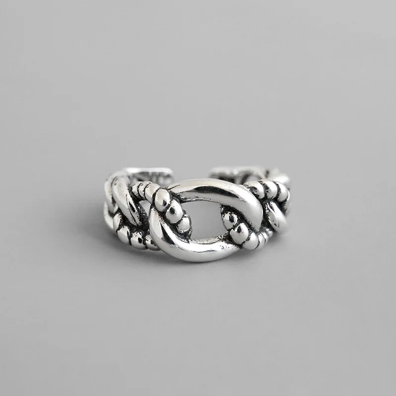 

Retro Thai Silver Chain Shape Ring Vintage 925 Sterling Silver Twisted Link Chain Open Rings, As picture