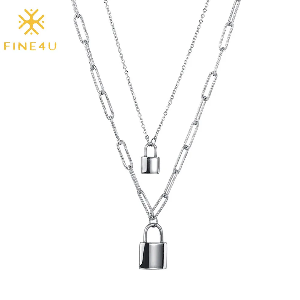 

Hip hop fashion stainless steel lock pendant double layered paper clip chain padlock necklace