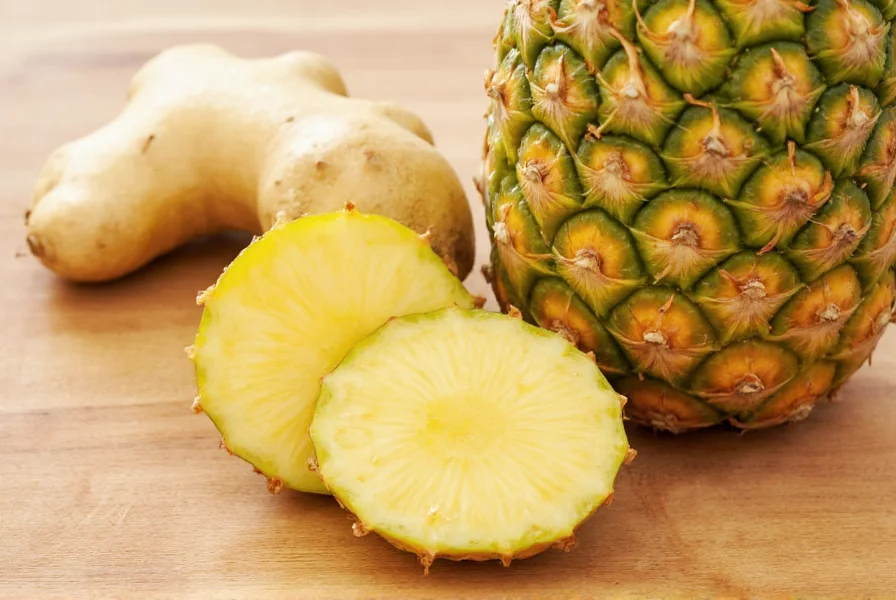 Close-up of fresh ginger root and ripe pineapple on wooden cutting board
