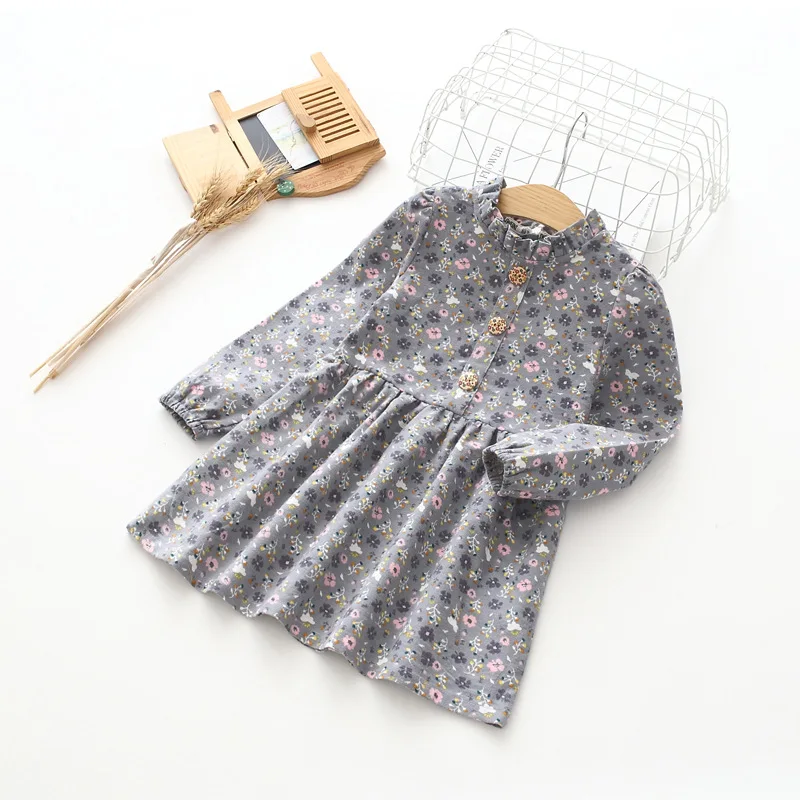 

2021 new design retro girls dress baby clothing kids spring clothes full sleeve 100 cotton floral dress for girl
