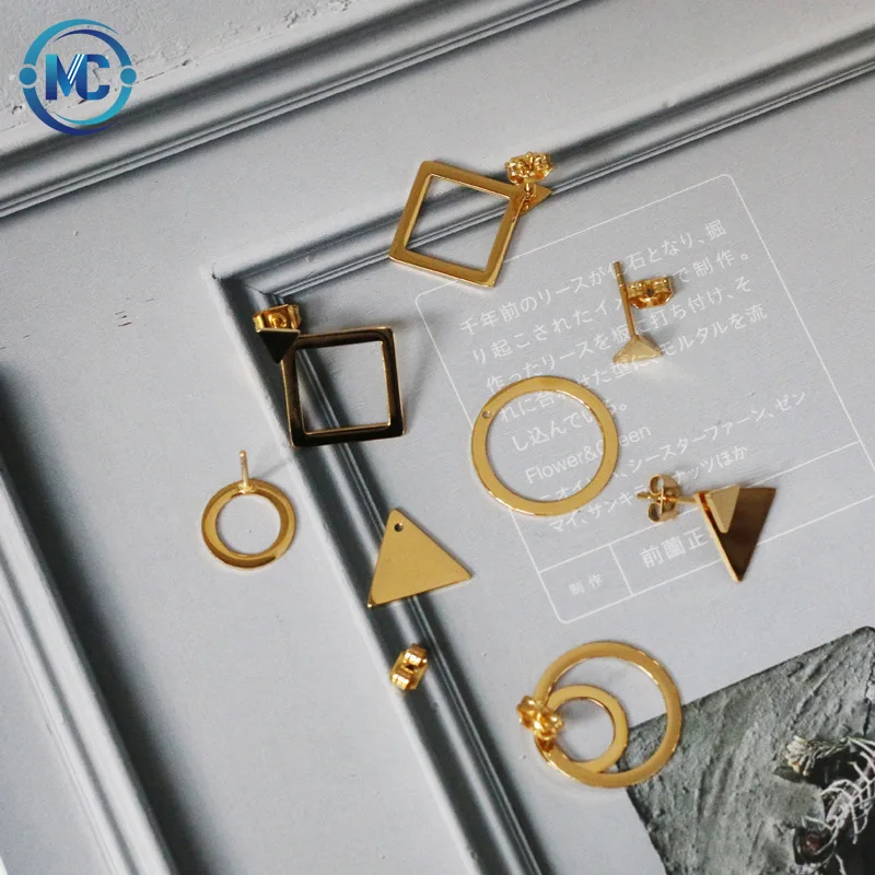 

Korean 18K Gold Plated Titanium Steel Metal Ring Earrings Square Round Triangle Geometric Stud Earrings, 18k gold, steel color