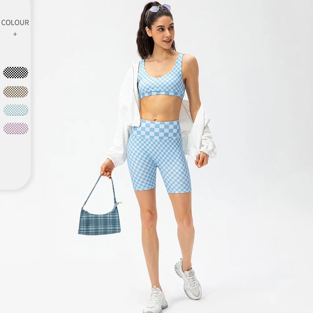 

Spring and summer new checkerboard plaid sports suit women's shock-proof fitness bra nude high waist hip lift yoga shorts ser, Multi color