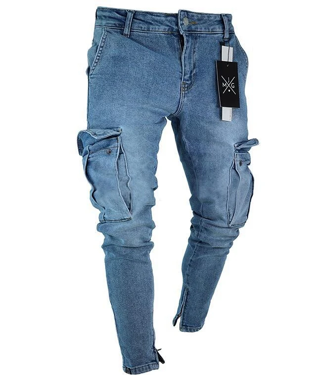 

2021 Europea High Wist New Style Blue Men's Patch Multi Pocket Jeans Tapered Wrinkle Fashion Denim Pants