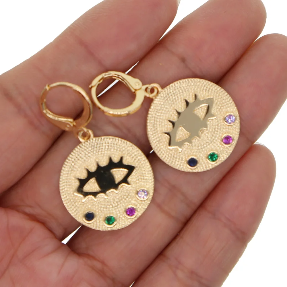 

Round coin gold earring for women rainbow cz colors engraved lucky eye Bohemia fashion jewelry
