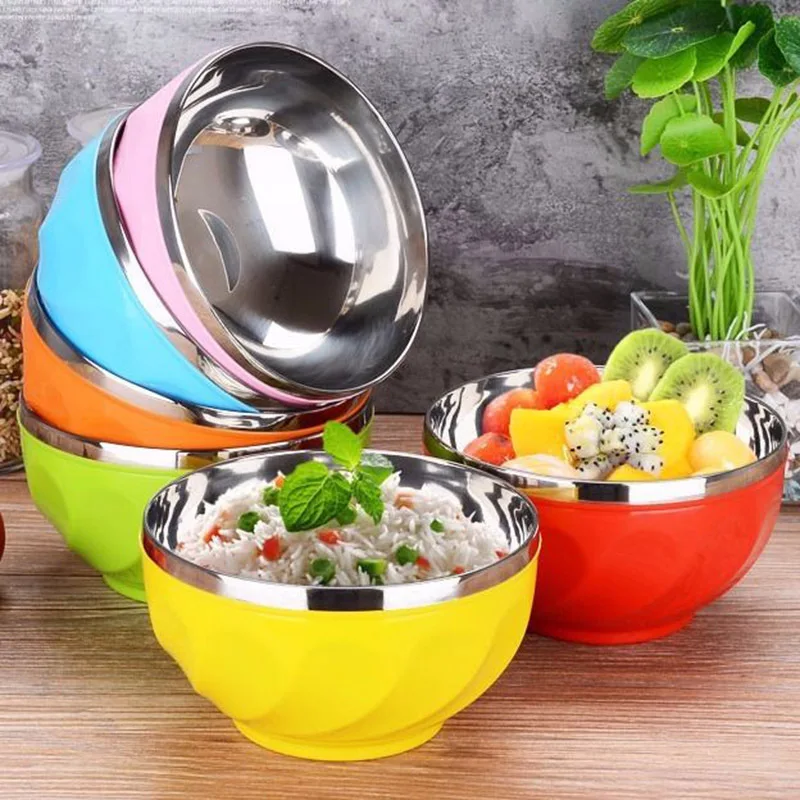 

Hot Sell Anti-scalding Colorful 6pcs Kids Metal Bowl Set 13cm 15cm 17cm Stainless Steel Serving Food Bowl With Lids