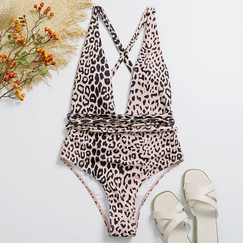 

Best Selling Cross Bandage Custom Swimwear Leopard Swimming Costume Women One Piece Swimsuit Sexy