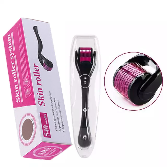 

Free Shipping 540 Derma Roller Pure Microneedling 0.2/0.25/0.3mm Needles Length Titanium Dermoroller Microniddle Roller for Face, Black/white (handle)+purple (roller)