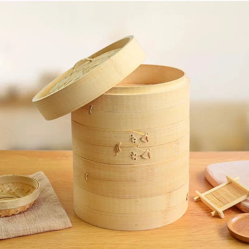 

Estick 2 tier chinese dim sum non stick dumplkng bamboo steamer basket for steamed bread or other appetites with roller