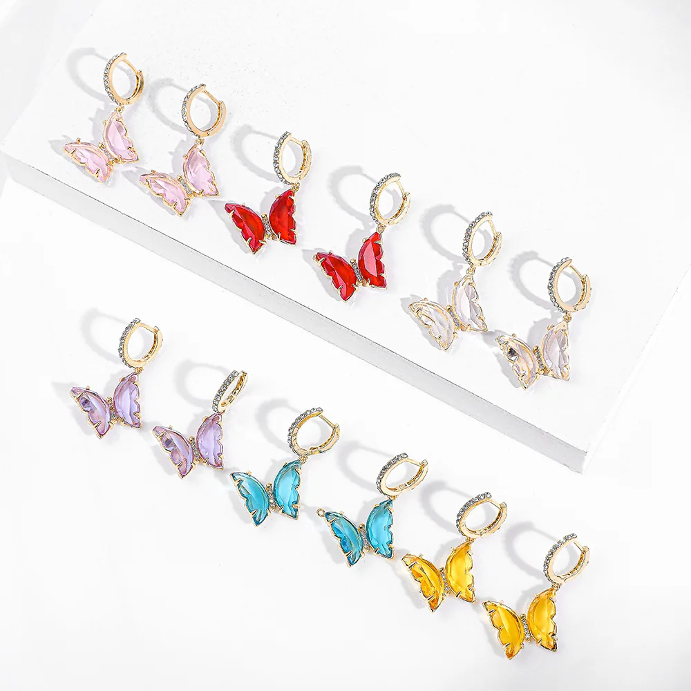 

HOVANCI 2021 Colorful Glass Butterfly Dangle Earrings Clear Crystal Butterfly Charm Hoop Earrings