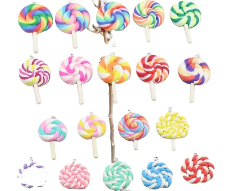 

polymer clay lollipop pendant charms rainbow lollipop charms children jewelry accessories imitiation food toys, As picture