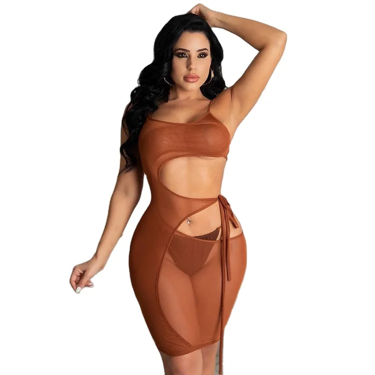

2021 summer new product tulle plus size two piece women's clothing Sexy halter dress and briefs M3052