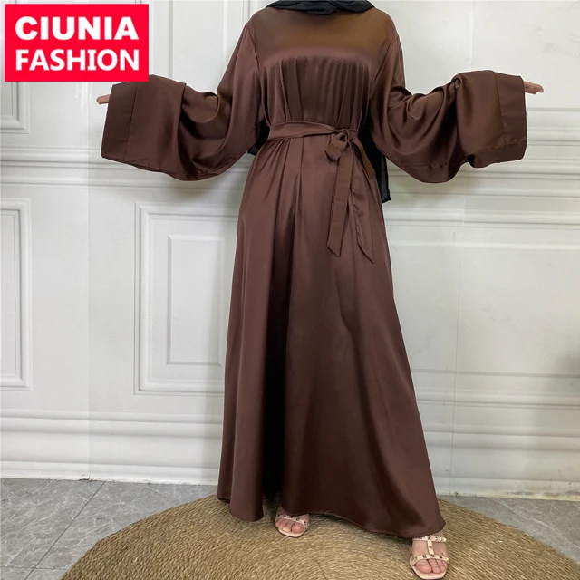 

6622#Latest EID Simple Solid Satin 10 Colors Islamic Clothing Muslim Women Abaya Maxi Casual Fancy Dresses Dubai, Black/blue/purple/grey/coffee/gold/green/mint/pink/white