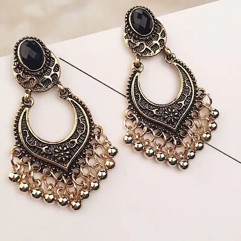 

Women Ethnic Style Carved Beaded Tassel Earrings Sexy Water Drop Black Gem Stainless Steel Earrings Indian Boho Jewelry