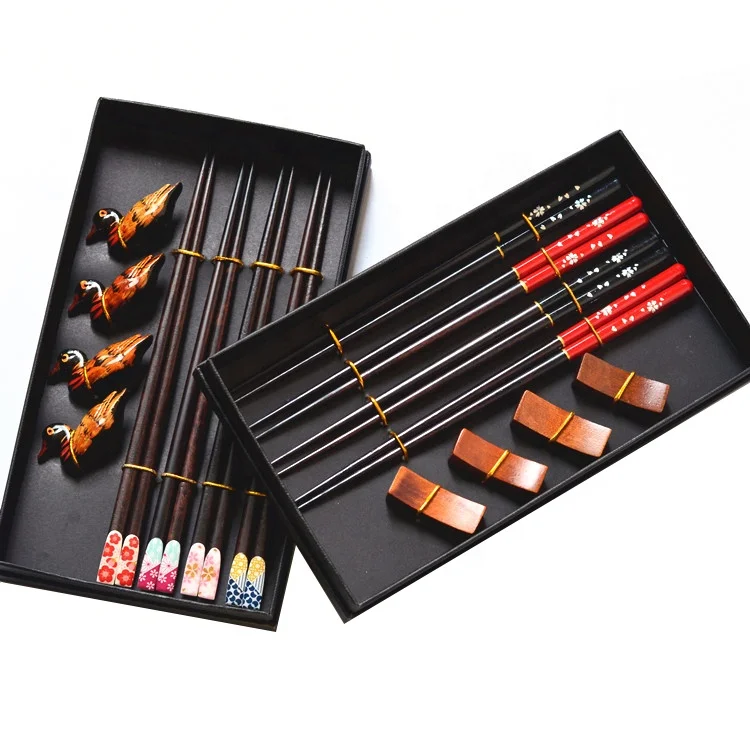 

Japanese Style 4 Pairs Wooden Chopsticks and 4 Racks Set with Gift Box