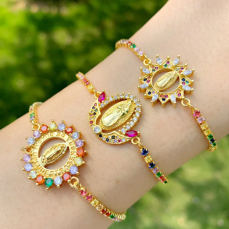 

Handmade 18K real gold plated colorful zirconia Virgen de Guadalupe bracelets religious jewelry catholic gifts, As pic show